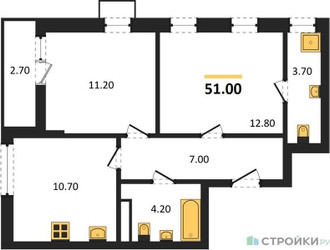 Планировка двухкомнатной(квартира) площадью 51 квадратных метров в ЖК “ЖК Прокшино”