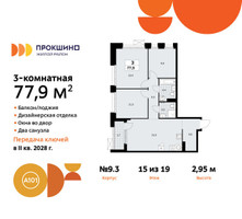 Планировка трехкомнатной(квартира) площадью 77.9 квадратных метров в “ЖК Прокшино”