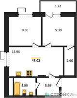 Планировка двухкомнатной(квартира) площадью 47.03 квадратных метров в “ЖК Радость (Радумля Парк)”