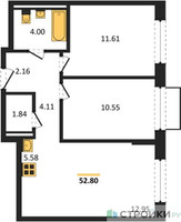 Планировка двухкомнатной(квартира) площадью 52.8 квадратных метров в “ЖК Квартал Авиаторов”
