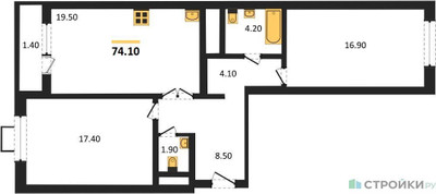 Планировка двухкомнатной(квартира) площадью 74.1 квадратных метров в ЖК “ЖК Вереск”