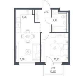 Планировка однокомнатной(квартира) площадью 35.76 квадратных метров в ЖК “ЖК Пригород Лесное”