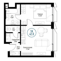 Планировка однокомнатной(квартира) площадью 41.6 квадратных метров в “ЖК Метрополия”