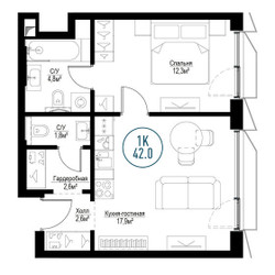 Планировка однокомнатной(квартира) площадью 41.6 квадратных метров в ЖК “ЖК Метрополия”