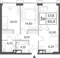 Планировка трехкомнатной(квартира) площадью 80.9 квадратных метров в “ЖК Will Towers (Вилл Тауэрс)”