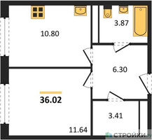 Планировка однокомнатной(квартира) площадью 36.02 квадратных метров в “ЖК Квартал Румянцево (МелиСад)”