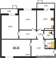 Планировка трехкомнатной(квартира) площадью 89.2 квадратных метров в “ЖК Пироговская Ривьера”
