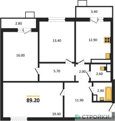 Планировка трехкомнатной(квартира) площадью 89.2 квадратных метров в ЖК “ЖК Пироговская Ривьера”