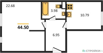 Планировка однокомнатной(апартаменты) площадью 44.5 квадратных метров в ЖК “ЖК Равновесие”