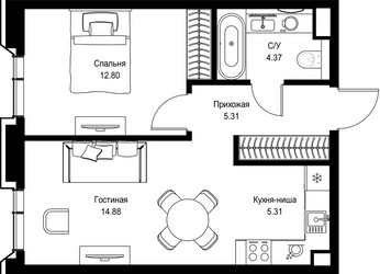 Планировка однокомнатной(квартира) площадью 42.67 квадратных метров в ЖК “Дом премиум-класса МИРА”