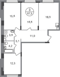 Планировка трехкомнатной(квартира) площадью 87.3 квадратных метров в ЖК “ЖК Переделкино Ближнее”
