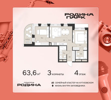 Планировка трехкомнатной(квартира) площадью 63.6 квадратных метров в “ЖК Родина Парк”