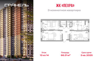 Планировка трехкомнатной(квартира) площадью 66.31 квадратных метров в “ЖК Пехра”