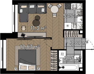 Планировка однокомнатной(квартира) площадью 36.9 квадратных метров в ЖК “ЖК Квартал Серебряный бор”