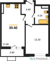 Планировка однокомнатной(квартира) площадью 39.4 квадратных метров в “ЖК Прокшино”