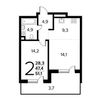 Планировка двухкомнатной(квартира) площадью 51.1 квадратных метров в “Новые Ватутинки. Заречный”