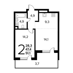 Планировка двухкомнатной(квартира) площадью 51.1 квадратных метров в ЖК “Новые Ватутинки. Заречный”