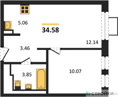 Планировка однокомнатной(квартира) площадью 34.58 квадратных метров в “ЖК Богдановский Лес”
