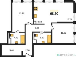 Планировка двухкомнатной(квартира) площадью 72.9 квадратных метров в “ЖК STONE Sokolniki (Сокольники)”