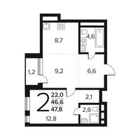 Планировка двухкомнатной(квартира) площадью 47.8 квадратных метров в “Новые Ватутинки. Заречный”