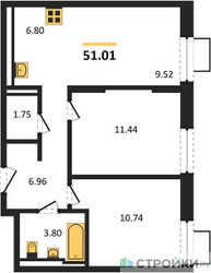 Планировка двухкомнатной(квартира) площадью 51.01 квадратных метров в ЖК “ЖК Квартал Строгино”