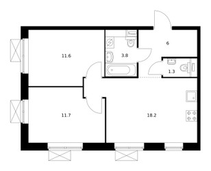 Планировка двухкомнатной(квартира) площадью 52.6 квадратных метров в ЖК “ЖК Волжский Парк”