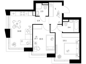 Планировка двухкомнатной(квартира) площадью 51.2 квадратных метров в ЖК “ЖК Зеленый парк”