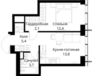 Планировка однокомнатной(квартира) площадью 37.4 квадратных метров в ЖК “ЖК Сити Бэй”