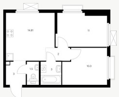 Планировка двухкомнатной(квартира) площадью 45.61 квадратных метров в “ЖК Первый Дубровский”