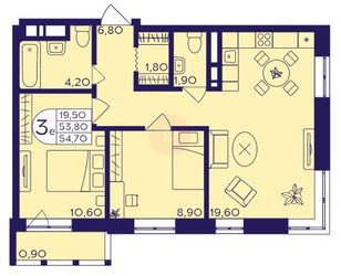 Планировка трехкомнатной(квартира) площадью 54.7 квадратных метров в ЖК “ЖК Героев”