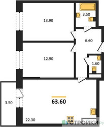 Планировка двухкомнатной(квартира) площадью 63.6 квадратных метров в ЖК “ЖК Одинцовские кварталы”