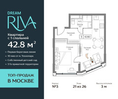 Планировка однокомнатной(квартира) площадью 42.8 квадратных метров в “ЖК Дрим Рива”