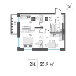 Планировка двухкомнатной(квартира) площадью 55.9 квадратных метров в ЖК “ЖК Зеленоград Ривьера”