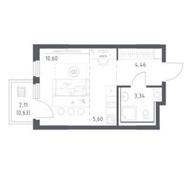Планировка студии(квартира) площадью 24.63 квадратных метров в ЖК “ЖК Пригород Лесное”
