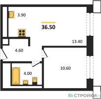Планировка однокомнатной(апартаменты) площадью 36.5 квадратных метров в “ЖК Верейская 41”