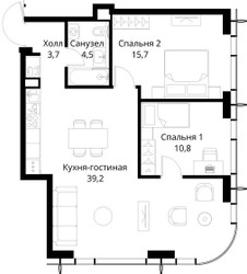 Планировка двухкомнатной(квартира) площадью 73.9 квадратных метров в ЖК “ЖК Сити Бэй”