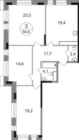 Планировка трехкомнатной(квартира) площадью 94.9 квадратных метров в “ЖК Первый Московский”