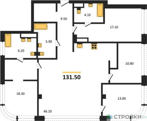 Планировка 4+ комнатной(квартира) площадью 131.5 квадратных метров в ЖК “ЖК Остров”