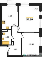 Планировка двухкомнатной(квартира) площадью 54.1 квадратных метров в “ЖК ОБЛАКА-2”