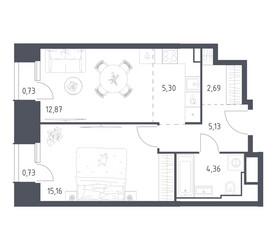 Планировка однокомнатной(апартаменты) площадью 46.97 квадратных метров в ЖК “ЖК Скай Спутник”