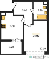 Планировка однокомнатной(квартира) площадью 33.3 квадратных метров в ЖК “ЖК Деснаречье”