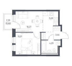 Планировка однокомнатной(квартира) площадью 33.58 квадратных метров в ЖК “ЖК Квартал Ивакино”