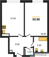 Планировка однокомнатной(квартира) площадью 50.9 квадратных метров в “ЖК Крылатская 33”