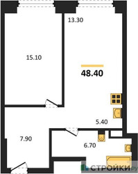 Планировка однокомнатной(квартира) площадью 48.4 квадратных метров в ЖК “ЖК Мираполис”