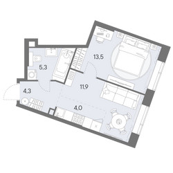 Планировка однокомнатной(квартира) площадью 39 квадратных метров в ЖК “ЖК Родина Переделкино”