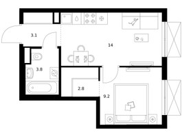 Планировка однокомнатной(квартира) площадью 32.9 квадратных метров в “ЖК Кавказский бульвар 51”