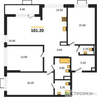 Планировка трехкомнатной(квартира) площадью 101.2 квадратных метров в “ЖК Бунинские кварталы”