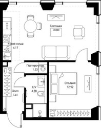 Планировка однокомнатной(квартира) площадью 48.91 квадратных метров в ЖК “ЖК СЕТ”