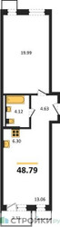 Планировка однокомнатной(квартира) площадью 48.79 квадратных метров в ЖК “ЖК Квартал Западный”