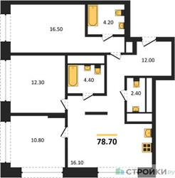 Планировка трехкомнатной(квартира) площадью 78.7 квадратных метров в ЖК “ЖК Первый Московский”